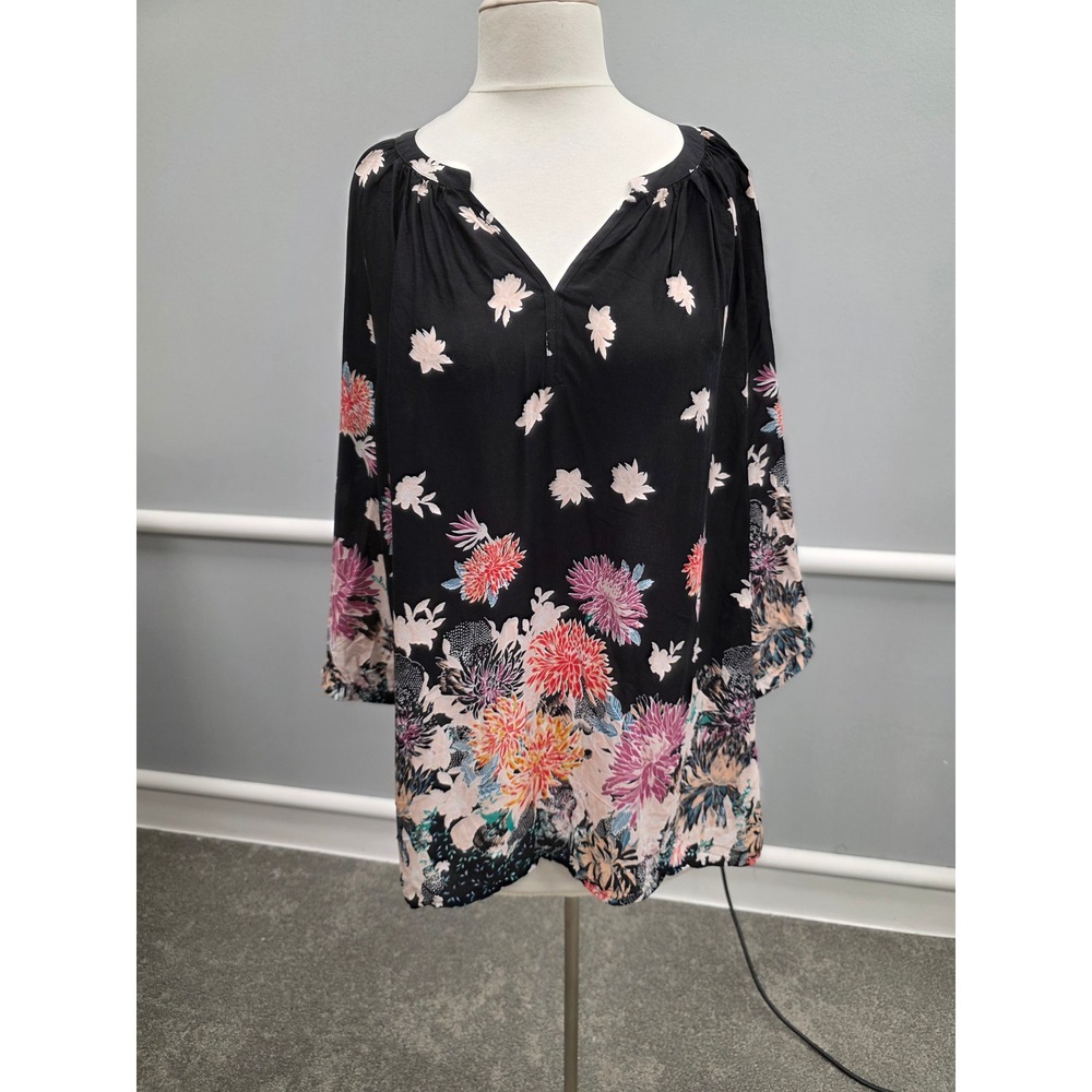 Marina Luna Womens 2X Floral Tunic Top Black Pink Orange Split Neck Long Sleeve
